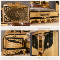 Lit King Size en Bois Massif Sculpté à la Main avec Feuille d'Or Haut de Gamme, Style Européen Traditionnel Turc, Ensemble de Meubles de Luxe pour Chambre Principale
