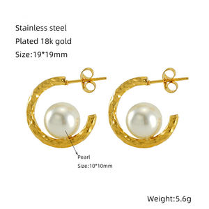 New Elegant 18K Gold Plated Hypoallergenic Titanium Steel Geometric Pattern C-Shape Stud <b>Earrings</b> with <b>Pearl</b> for Women - Product Image 6