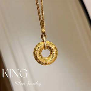 Collier Pendentif Donut en Argent Sterling S925 Plaqué Or avec Micro-Incrustations, Bijou Quotidien King Silver - Product Image 2