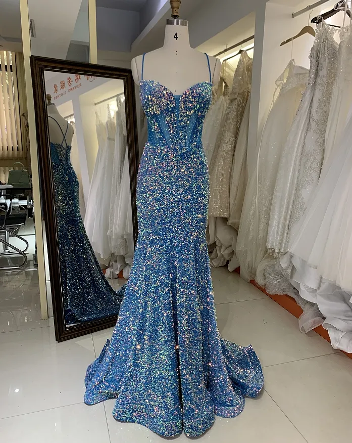 New Sequins nhung boning màu xanh thanh lịch bán buôn áo dài Evening prom DRESS 2025