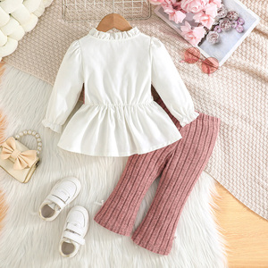 ชุดเสื้อผ้าเด็กผู้หญิง 2 ชิ้น ผ้าโพลีเอสเตอร์ผสมสแปนเด็กซ์ ระบายอากาศได้ดี สไตล์ลำลองสำหรับฤดูใบไม้ร่วง  เสื้อแขนยาวผูกโบว์สวยงาม ดีไซน์เรียบง่าย - Product Image 2