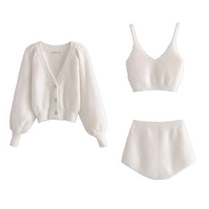 Ensemble trois pièces en peluche <span class=keywords><strong>Mohair</strong></span> pour femme, 3 pièces, col en v, Top court sans manches, taille haute, short et Cardigan, veste - Product Image 5