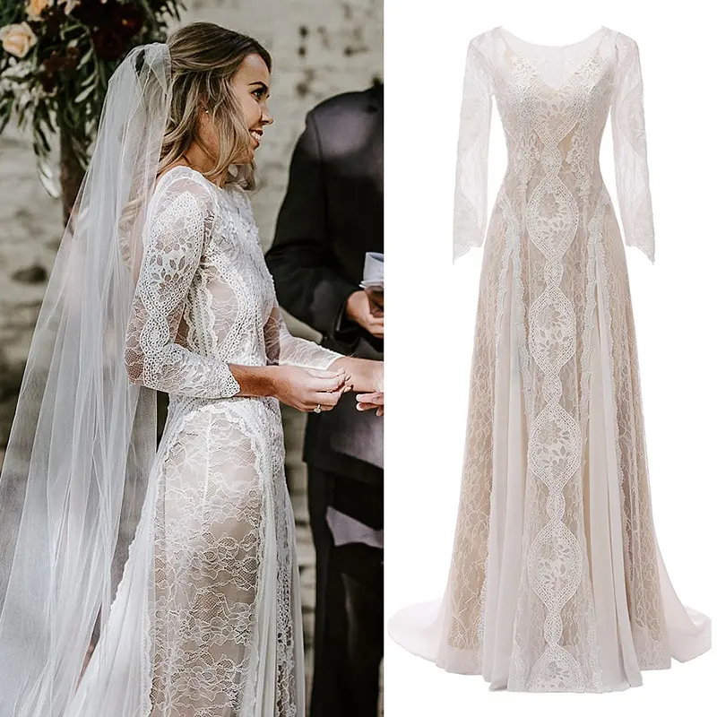 830A# 100 % Real Sample Photo Sweep Train Long Sleeve Backless O-Neck Lace Boho Bohemian Beach Wedding Dress Bridal Gown