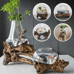 Vase hydroponique transparent vintage en verre soufflé à la main avec base en bois de racine, aquarium pour plantes aquatiques, ornement de table - Product Image 1