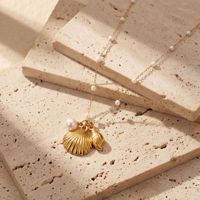 Collier étanche en acier inoxydable avec pendentifs perle, conque, étoile de mer, coquillage, plaqué or 18 carats PVD, chaîne à maillons thème océan, plage