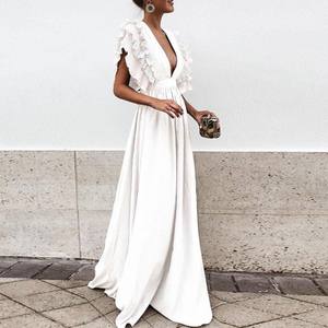 S-3XL 大码优雅长裙舞会夏季服装女式深 V 领露背长裙荷叶边袖 - Product Image 5