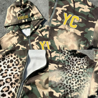 Sweat à capuche zippé court en coton épais 400 g/m² brodé, motif camouflage, délavé à l'acide, effet vieilli, pour homme, style vintage