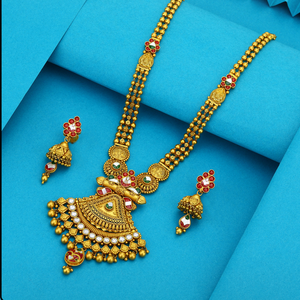 Collier long élégant de style ethnique haram, en or de qualité supérieure, avec pendentif motif paon, bijoux traditionnels indiens pour mariée. - Product Image 1