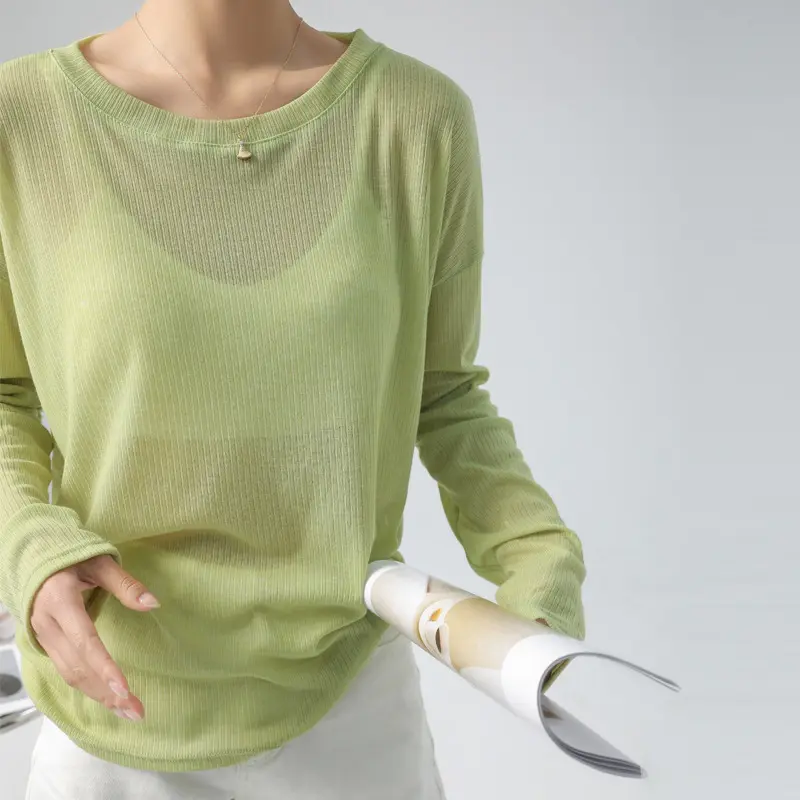 2023 Корейская версия рубашки, универсальная белая футболка с длинными рукавами, Женская свободная Прозрачная Тонкая шелковая пуловер, топы