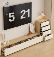 Meuble mural TV symétrique en bois crème, console multimédia flottante intégrée avec éclairage LED encastré