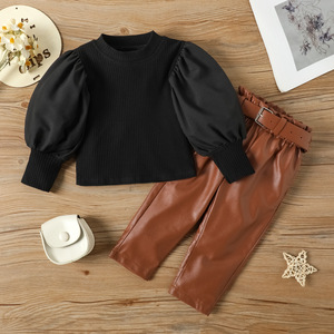 Set di Abbigliamento Autunnale di Qualità per Bambine, 3 Pezzi: Top con Maniche a Sbuffo + <span class=keywords><strong>Pantaloni</strong></span> <span class=keywords><strong>in</strong></span> <span class=keywords><strong>Pelle</strong></span> + Cintura, Completo per Neonata - Product Image 4