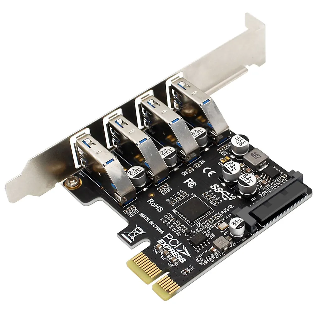 PCIe ke 4 Port USB 3.0 HUB + SATA 15Pin daya 5Gbps PCI Express kartu ekspansi USB 3.0 adaptor untuk 2U/4U casing PC Desktop