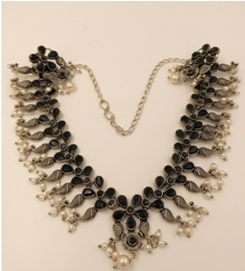 DIVYORO Oxidized <b>Silver</b> Floral <b>Choker</b> Set with Black Stone Elegant Designer Necklace Set with Earrings Statement Fashion Jewelry - Product Image 3
