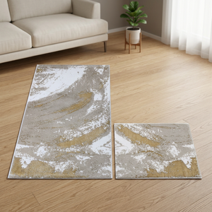 Tapis de bain de luxe Lessie Ecru Beige Latte à motif abstrait, ensemble de tapis rectangulaires en coton recyclé, teint en fil, tissé jacquard, pour la maison et l'hôtel - Product Image 3