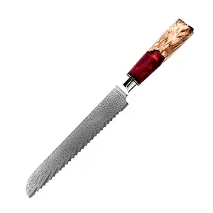 Damascus Steel Kitchen Knives Set Red Resin Stabilized Wood Handle Chef Knife Slicing Bread Boning Santoku Knives