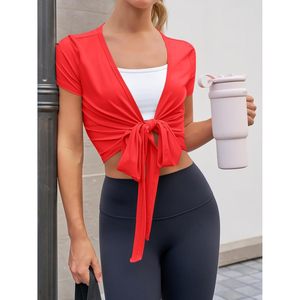 Top Corto Cruzado para Mujer, Manga Corta, Cuello en V Profundo, Camiseta para Yoga, Pilates, Ejercicio, Spandex, Poliéster, Transpirable, Informal - Product Image 4