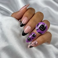 Faux ongles à presser en gros pour Halloween, forme amande, motif fantôme et citrouille, violet et rose, étiquette privée, vente en gros