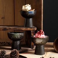Ensemble de bols en céramique pour pieds hauts Plats en porcelaine noire durables Desserts Soupe Petit bol à pouding Milkshake Crème glacée Soupe au yaourt