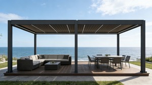 Pergola bioclimatique motorisée en aluminium avec lames orientables blanches, <span class=keywords><strong>abri</strong></span> pour <span class=keywords><strong>cuisine</strong></span> extérieure - Product Image 4