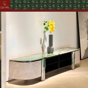 GOLDKING Mueble de TV Moderno y Minimalista para Sala de Estar, con Paneles Laterales de Tela, Marco Metálico y Detalles en Mármol Verde, Personalizable - Product Image 2