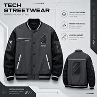 Veste de baseball noire de style technique avec poche zippée, broderie de panneaux personnalisée, streetwear décontracté moderne, OEM