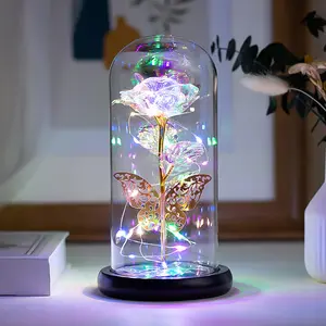 Cúpula de vidro com luz LED de venda quente para decoração de presente de Dia dos Namorados e presente de Dia das Mães