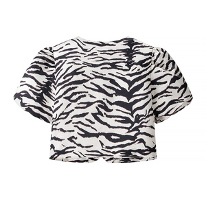 Conjunto de 2 Piezas para Mujer, <span class=keywords><strong>Blusa</strong></span> de Manga Corta <span class=keywords><strong>con</strong></span> Cuello Redondo y Botones en Color Blanco y Negro, <span class=keywords><strong>Falda</strong></span> <span class=keywords><strong>con</strong></span> Estampado <span class=keywords><strong>Animal</strong></span> y Cierre de Cremallera, Estilo Casual - Product Image 3
