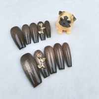 Uñas artificiales hechas a mano puras, gel de ojo de gato marrón café medio-largo, alta calidad y reutilizable