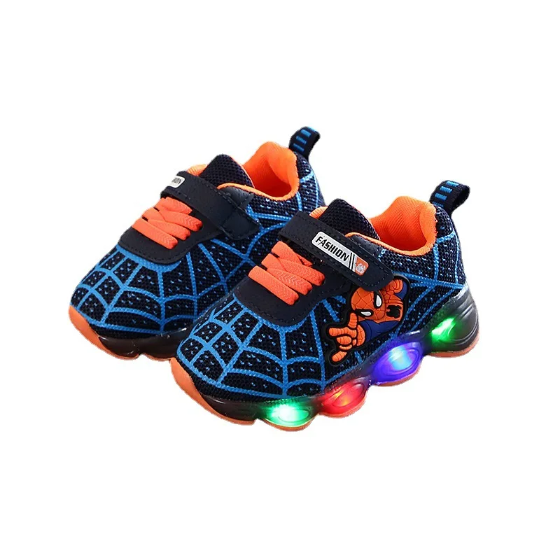 Spring and autumn children's luminous shoes men's and women's running web shoes baby Flash LED light spider man sneakers