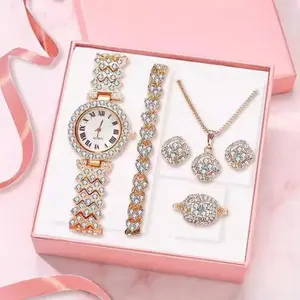 Set jam tangan kristal Rjinestone One, Set perhiasan 5 buah Berlian Kalung Anting cincin gelang jam tangan Set untuk hadiah wanita