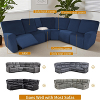 Housse de canapé inclinable en velours extensible bleu foncé pour canapé sectionnel 5 places avec tissu résistant aux rayures et bordure élastique