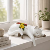 Estatua de Resina de Gato Durmiendo con Decoración Floral de Girasol, Figura de Poliresina Pintada a Mano, Escultura para Hogar y Jardín, Regalos de Gatos al por Mayor