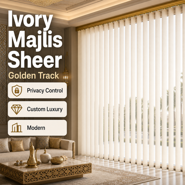 Elite Ivory Electric Motorized Vertical Soft Sheer Curtains Privacy Control Custom Luxury for Spacious Majlis Golden Track