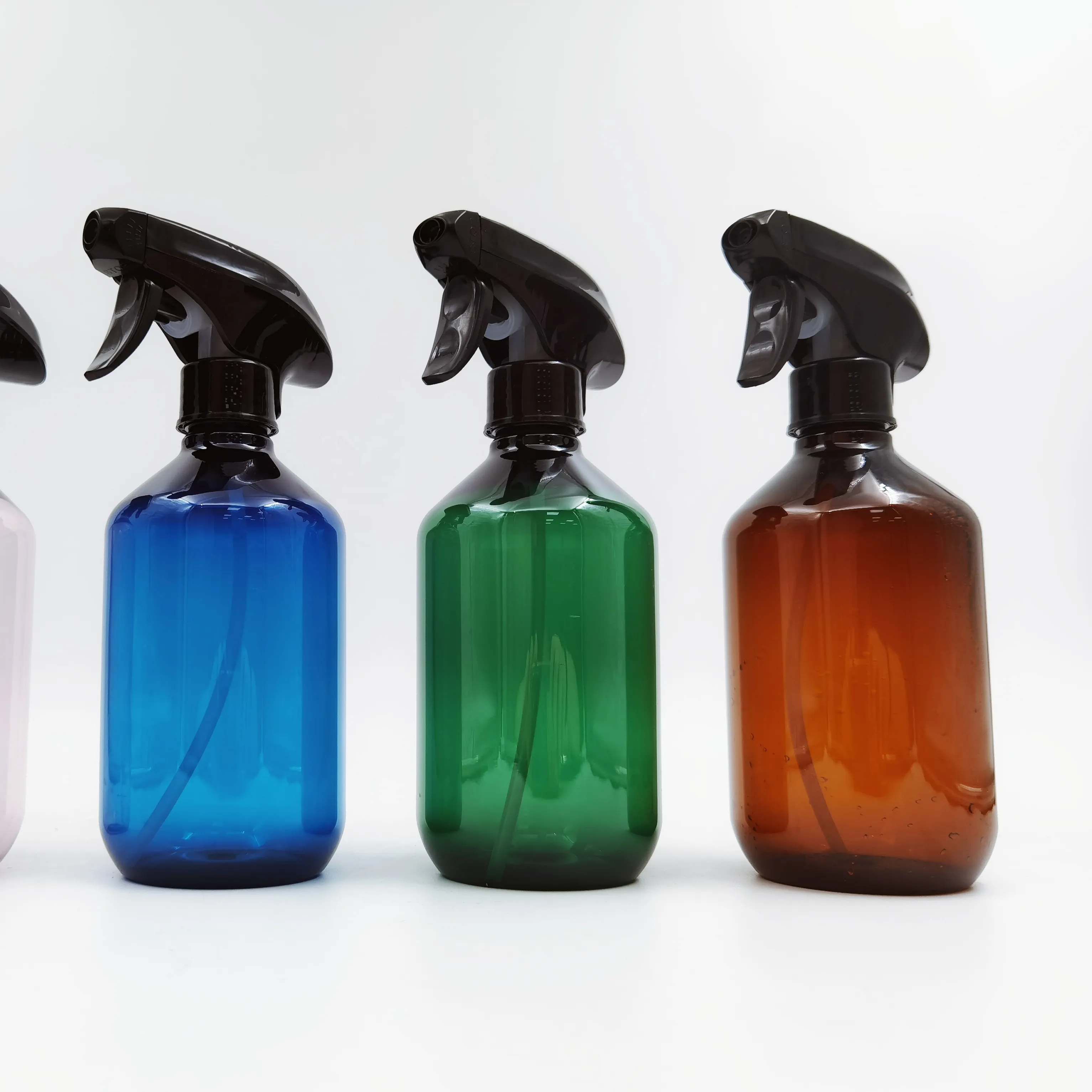 Boş doldurulabilir 500ml Amber yeşil mavi PET plastik sprey şişeleri siyah tetikli püskürtücü
