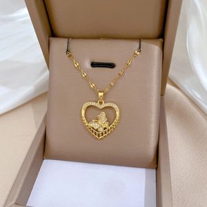 Collana con Ciondolo a Cuore e Farfalla in Acciaio Inossidabile con Zirconi per Donne, Catena per Clavicola, Gioielli Romantici (NL122) - Product Image 3