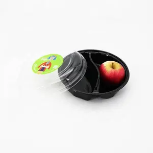Mangkuk plastik togo bulat hitam PP kustom dengan pemisah mangkuk salad plastik sekali pakai dan buah dengan tutup