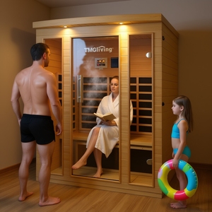 Sauna Interior de Infrarrojos Lejanos para 3 Personas Tmg Living con Altavoces Bluetooth, Puerta de Vidrio Templado y Madera de Abeto Canadiense Natural - Product Image 2