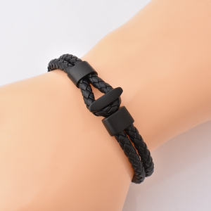 Toptan moda kişiselleştirilmiş koleksiyon takı mat siyah örgülü toka erkek deri bileklik bilezik - Product Image 4