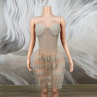 Robe mini sexy argentée à franges de strass, bustier, décolleté cœur, moulante, avec pampilles en cristal, pour soirée, club ou tenue de scène