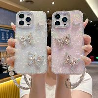 Coque de téléphone personnalisée motif papillon pour iPhone 14 15 16 17 Pro Max, jolie coque pour femmes avec chaîne de perles