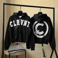 Sweat-shirt à capuche zippé noir pour homme, avec patch CLRVNT, lettres imprimées sur le devant, logo étoile C imprimé au dos, style streetwear vintage oversize
