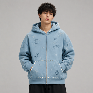 OEM Fully Custom <b>Hoodie</b> 500Gsm Cotton French Terry Vintage Wash <b>Zip</b> <b>Up</b> Rhinestone Patchwork Boxy High Quality Men <b>Hoodie</b> - Product Image 1