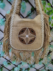 Sac fourre-tout bohème en jute avec broderie, motif géométrique, bandoulière à franges, sac à main décontracté pour femme, usage quotidien, fait main, tendance - Product Image 5