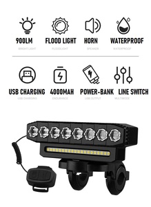 Phare <span class=keywords><strong>avant</strong></span> de vélo haute luminosité 4000 mAh avec chargement USB, pour VTT et vélo de route, avec klaxon et sonnette, alimenté par batterie - Product Image 3