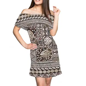 Customize Wholesale Hawaiian Island Monster Leaf Print Design Off-The-Shoulder Dress Polyester Fabric Sexy Half-Shoulder Dresses