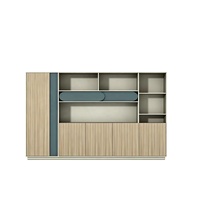Meuble de rangement modulaire pour bureau, finition bois grainé bleu brume, avec tiroir rabattable incurvé et étagère de présentation