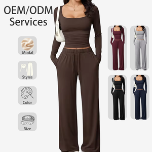 Sweethoney OEM Women's Casual Trousers <strong>Set</strong> <strong>Square</strong> Neck Long-Sleeved Short Top <strong>Set</strong> Breathable Modal Women's Sportswear <strong>Set</strong> - Product Image 1
