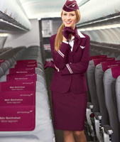 Veste, chemise et jupe de couleur bleu ciel ou bordeaux pour hôtesse de l'air, uniforme de stewardess de la compagnie aérienne Eurowings, vente en gros