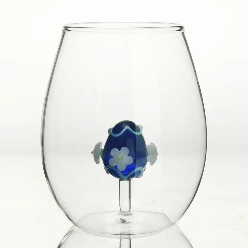 Handblown Transparent Heat Resistant Drinking Glasses Borosilicat Clear Glass Tumbler With 3D Blue Egg Design Figurines Inside