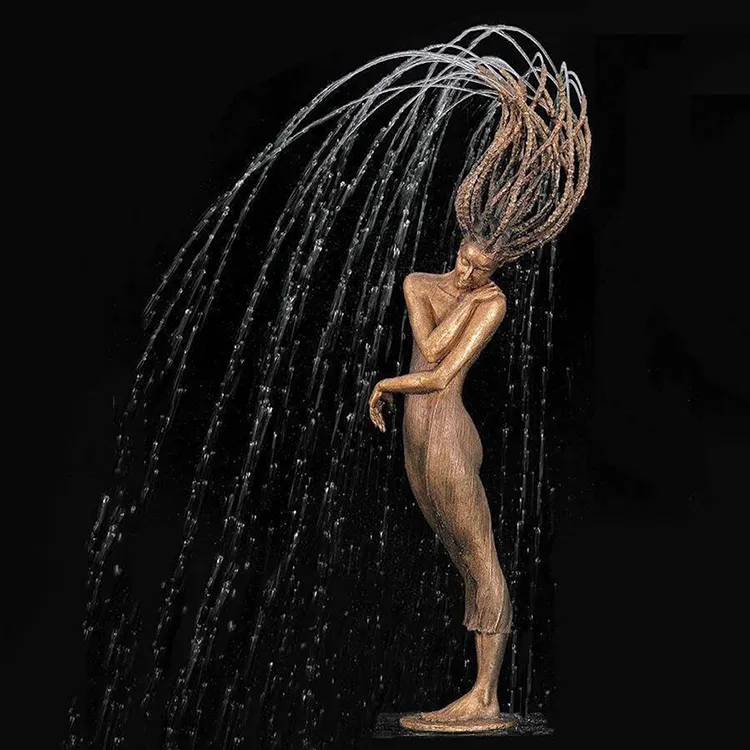 Açık bahçe gölet süs bronz seksi bayan heykeli saç su çeşmesi
